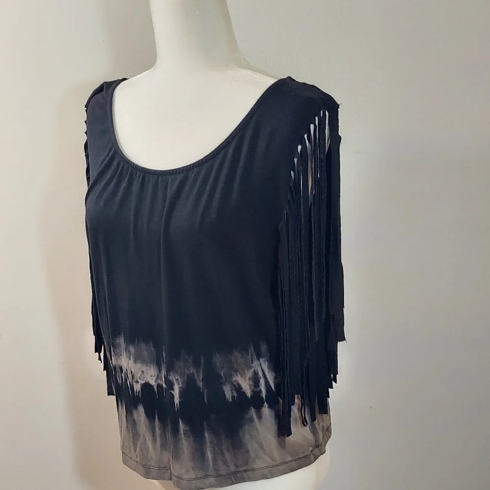 WetSeal Women's Black Tie Dye Bleached Shirt with Fun Fringe Cut Sleeves - Picture 2 of 15